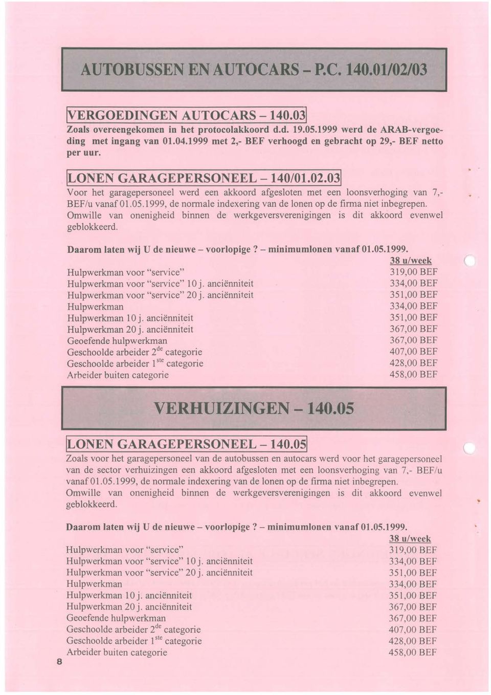 031 Voor het garagepersoneel werd een akkoord afgesloten met een loonsverhoging van 7, BEF Iu vanaf 01.05.1999, de normale indexering van de lonen op de firma niet inbegrepen.