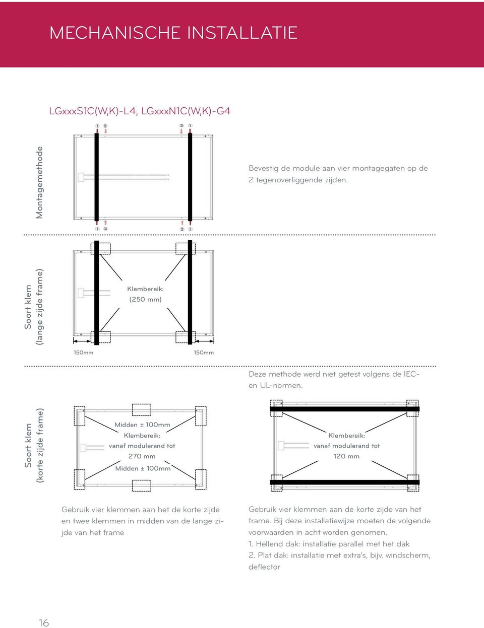 Soort klem (korte zijde frame) Midden ± 100mm Klembereik: vanaf modulerand tot 270 mm Midden ± 100mm Klembereik: vanaf modulerand tot 120 mm Gebruik vier klemmen aan het de korte zijde en