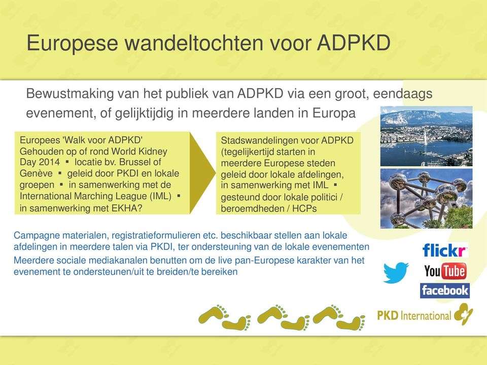 Stadswandelingen voor ADPKD (tegelijkertijd starten in meerdere Europese steden geleid door lokale afdelingen, in samenwerking met IML gesteund door lokale politici / beroemdheden / HCPs Campagne