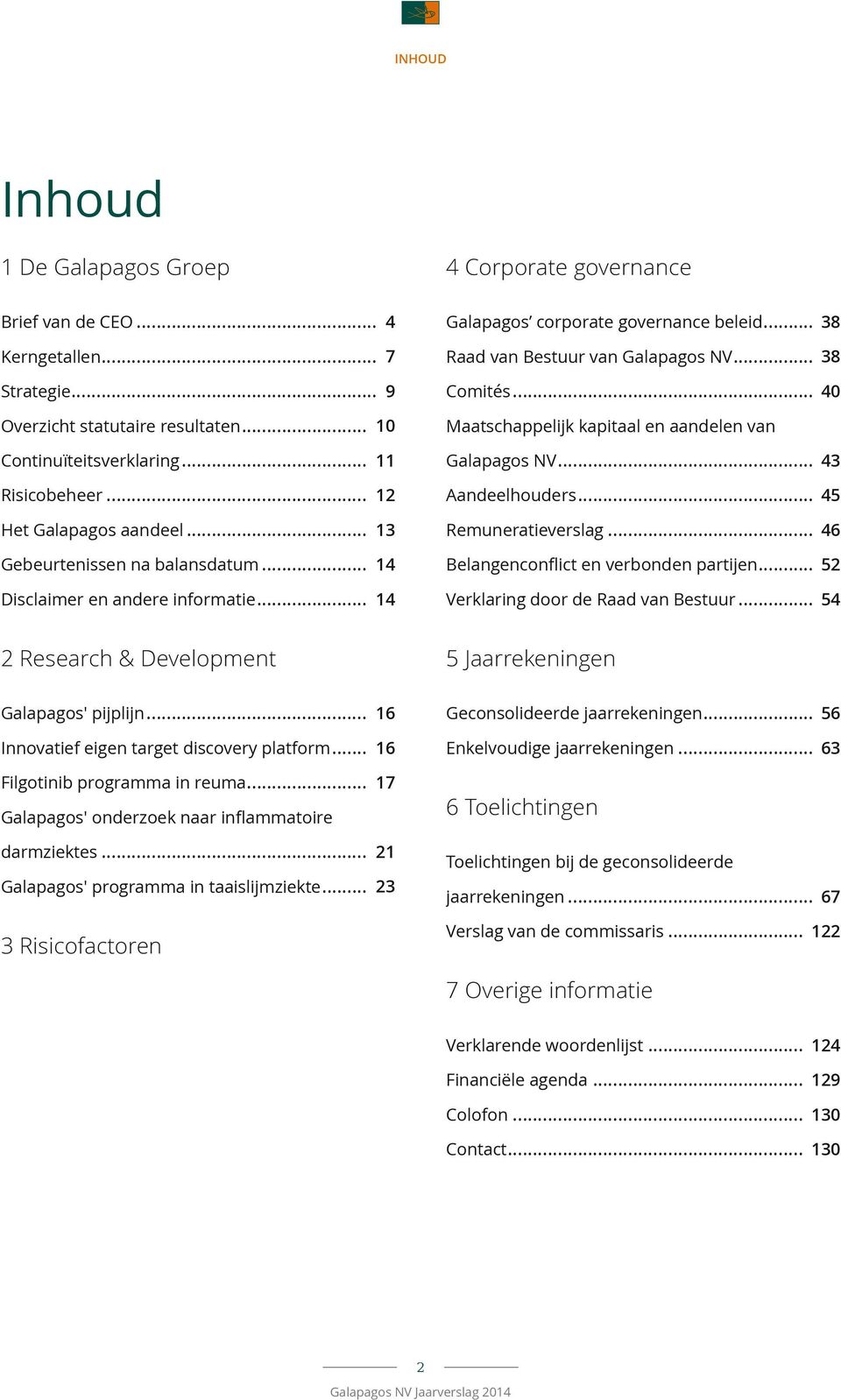 .. Maatschappelijk kapitaal en aandelen van Galapagos NV... Aandeelhouders... Remuneratieverslag... Belangenconflict en verbonden partijen... Verklaring door de Raad van Bestuur.