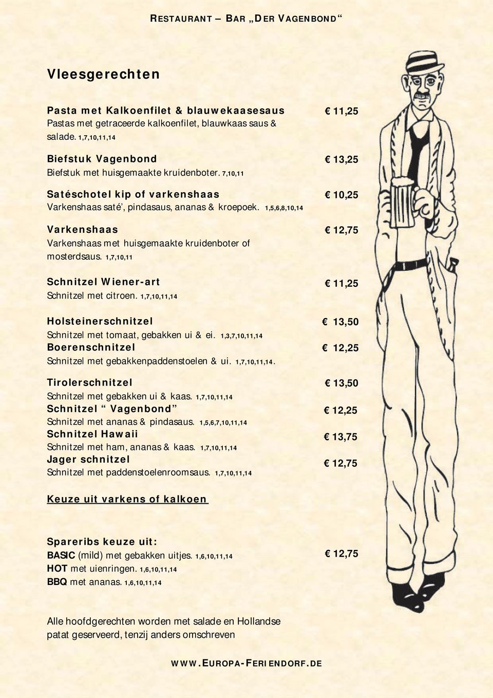 1,7,10,11 Schnitzel Wiener-art Schnitzel met citroen. 1,7,10,11,14 Holsteinerschnitzel Schnitzel met tomaat, gebakken ui & ei. 1,3,7,10,11,14 Boerenschnitzel Schnitzel met gebakkenpaddenstoelen & ui.