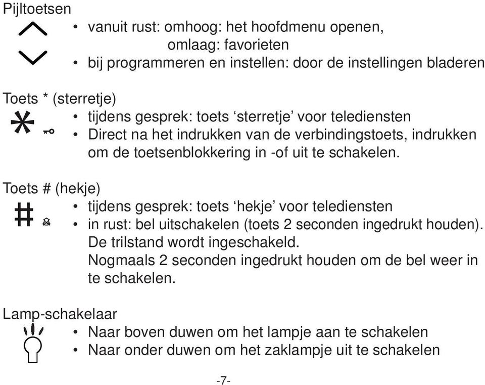 Toets # (hekje) tijdens gesprek: toets hekje voor telediensten # in rust: bel uitschakelen (toets 2 seconden ingedrukt houden). De trilstand wordt ingeschakeld.