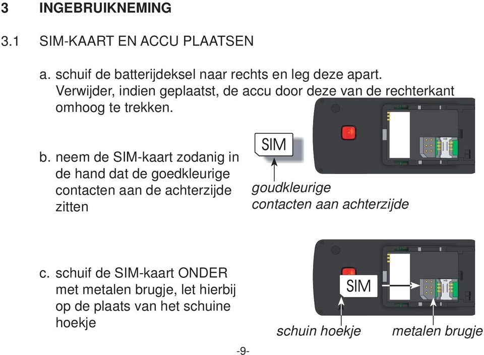 neem de SIM-kaart zodanig in de hand dat de goedkleurige contacten aan de achterzijde zitten goudkleurige