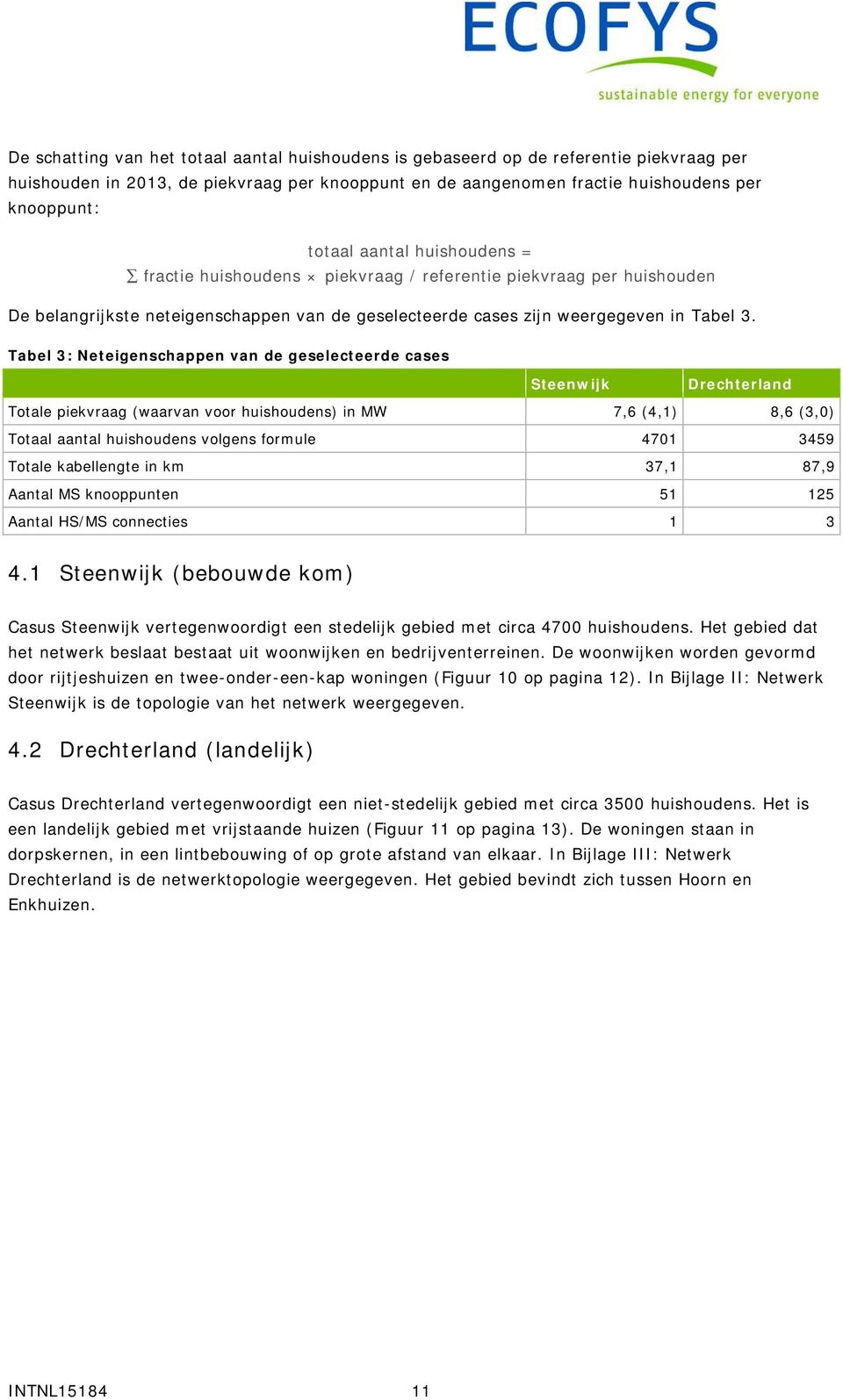 Tabel 3: Neteigenschappen van de geselecteerde cases Steenwijk Drechterland Totale piekvraag (waarvan voor huishoudens) in MW 7,6 (4,1) 8,6 (3,0) Totaal aantal huishoudens volgens formule 4701 3459