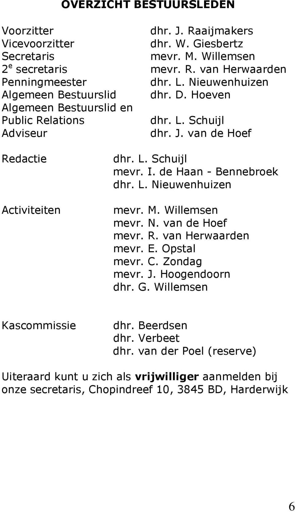 I. de Haan - Bennebroek dhr. L. Nieuwenhuizen mevr. M. Willemsen mevr. N. van de Hoef mevr. R. van Herwaarden mevr. E. Opstal mevr. C. Zondag mevr. J. Hoogendoorn dhr. G.