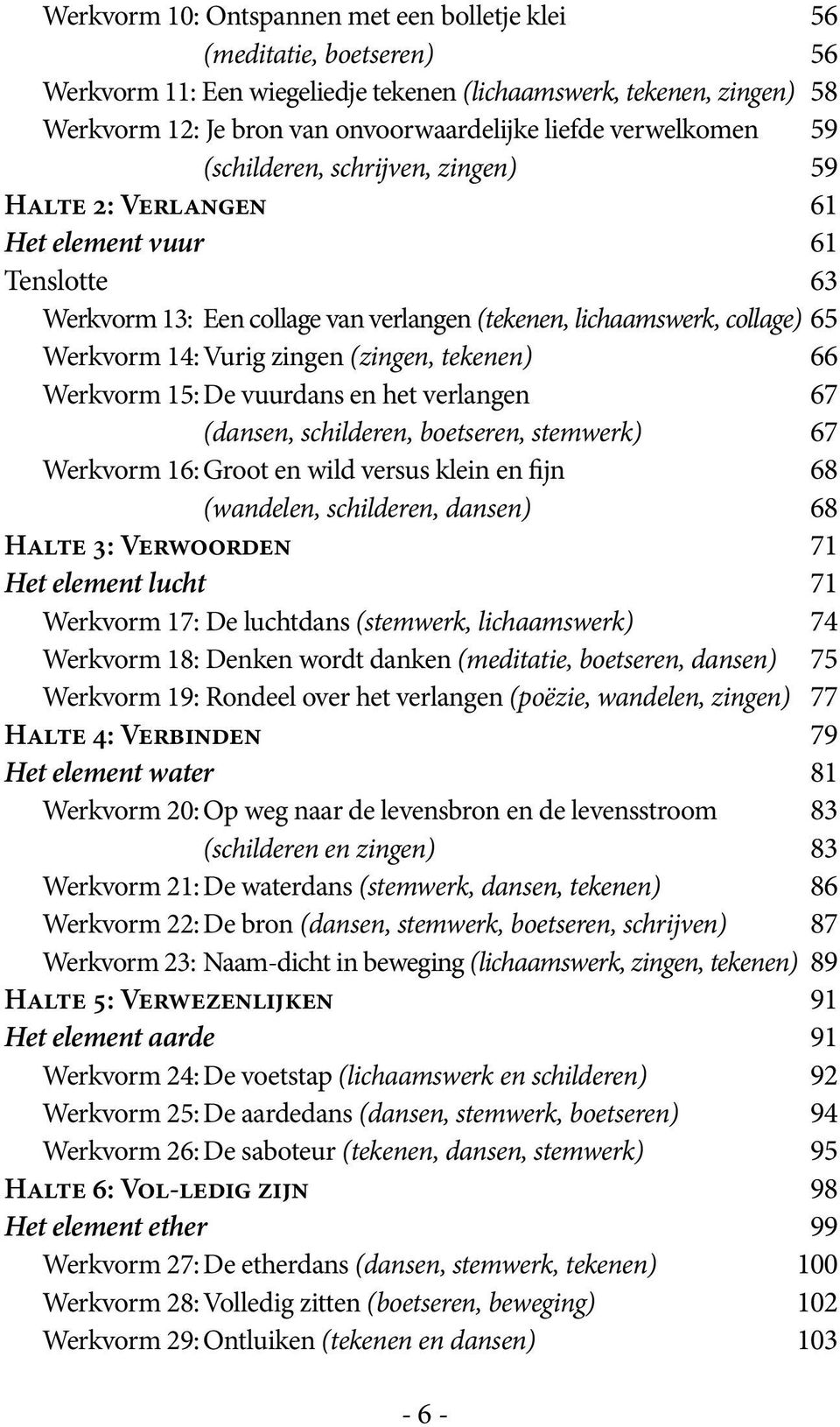 zingen (zingen, tekenen) 66 Werkvorm 15: De vuurdans en het verlangen 67 (dansen, schilderen, boetseren, stemwerk) 67 Werkvorm 16: Groot en wild versus klein en fijn 68 (wandelen, schilderen, dansen)