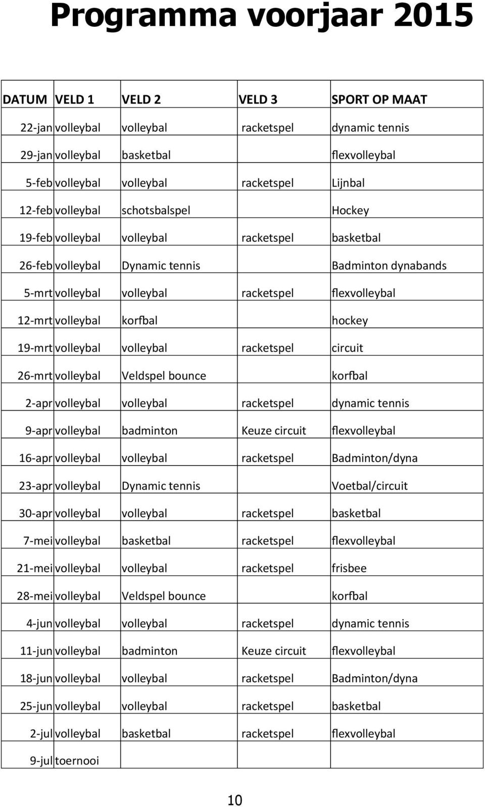 12-mrt volleybal kor al hockey 19-mrt volleybal volleybal racketspel circuit 26-mrt volleybal Veldspel bounce kor al 2-apr volleybal volleybal racketspel dynamic tennis 9-apr volleybal badminton