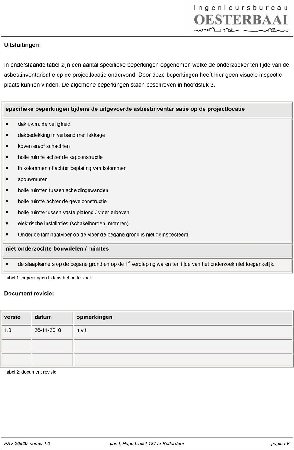 specifieke beperkingen tijdens de uitgevoerde asbestinventarisatie op de projectlocatie dak i.v.m.