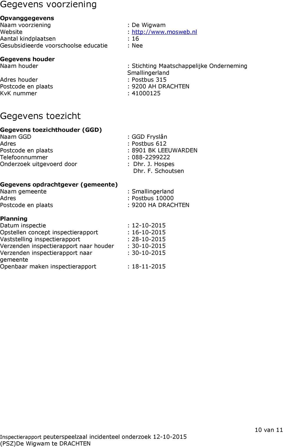 plaats : 9200 AH DRACHTEN KvK nummer : 41000125 Gegevens toezicht Gegevens toezichthouder (GGD) Naam GGD : GGD Fryslân Adres : Postbus 612 Postcode en plaats : 8901 BK LEEUWARDEN Telefoonnummer :