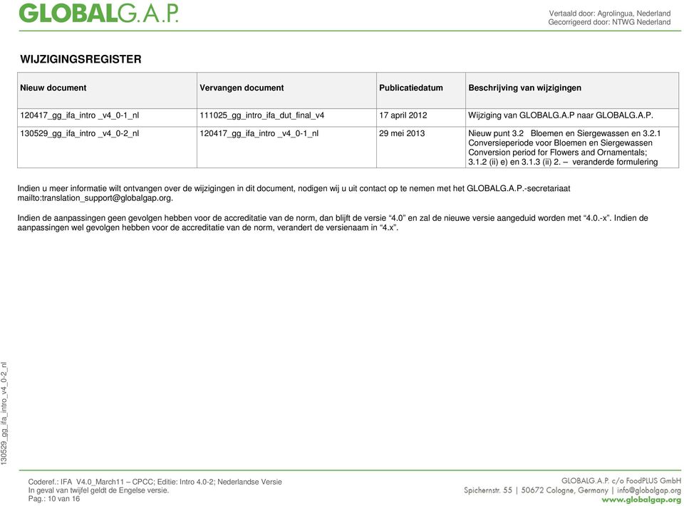 1.2 (ii) e) en 3.1.3 (ii) 2. veranderde formulering Indien u meer informatie wilt ontvangen over de wijzigingen in dit document, nodigen wij u uit contact op te nemen met het GLOBALG.A.P.