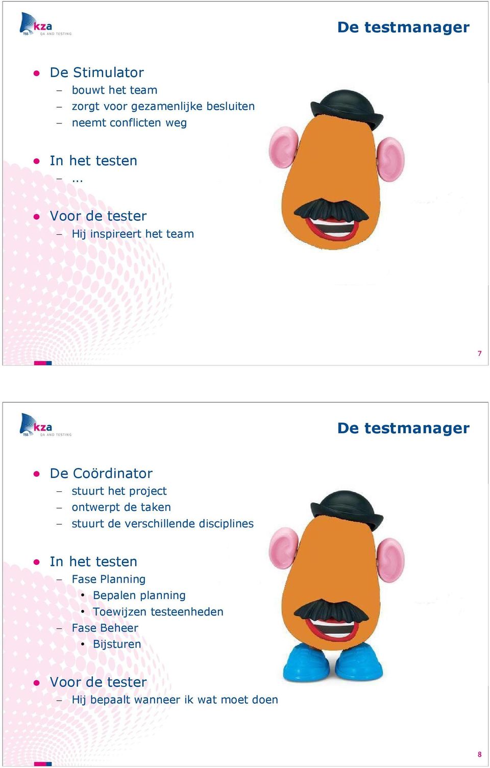 .. Voor de tester Hij inspireert het team 7 De testmanager De Coördinator stuurt het project