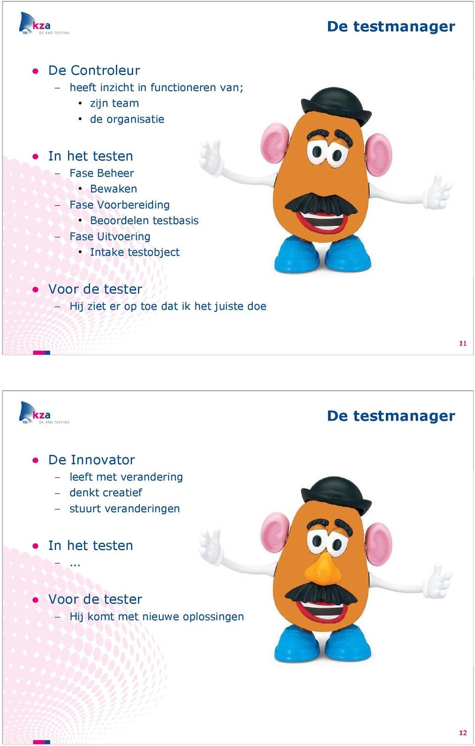 Voor de tester Hij ziet er op toe dat ik het juiste doe 11 De testmanager De Innovator leeft met