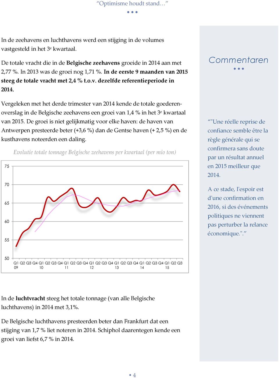 Vergeleken met het derde trimester van 2014 kende de totale goederenoverslag in de Belgische zeehavens een groei van 1,4 % in het 3 e kwartaal van 2015.
