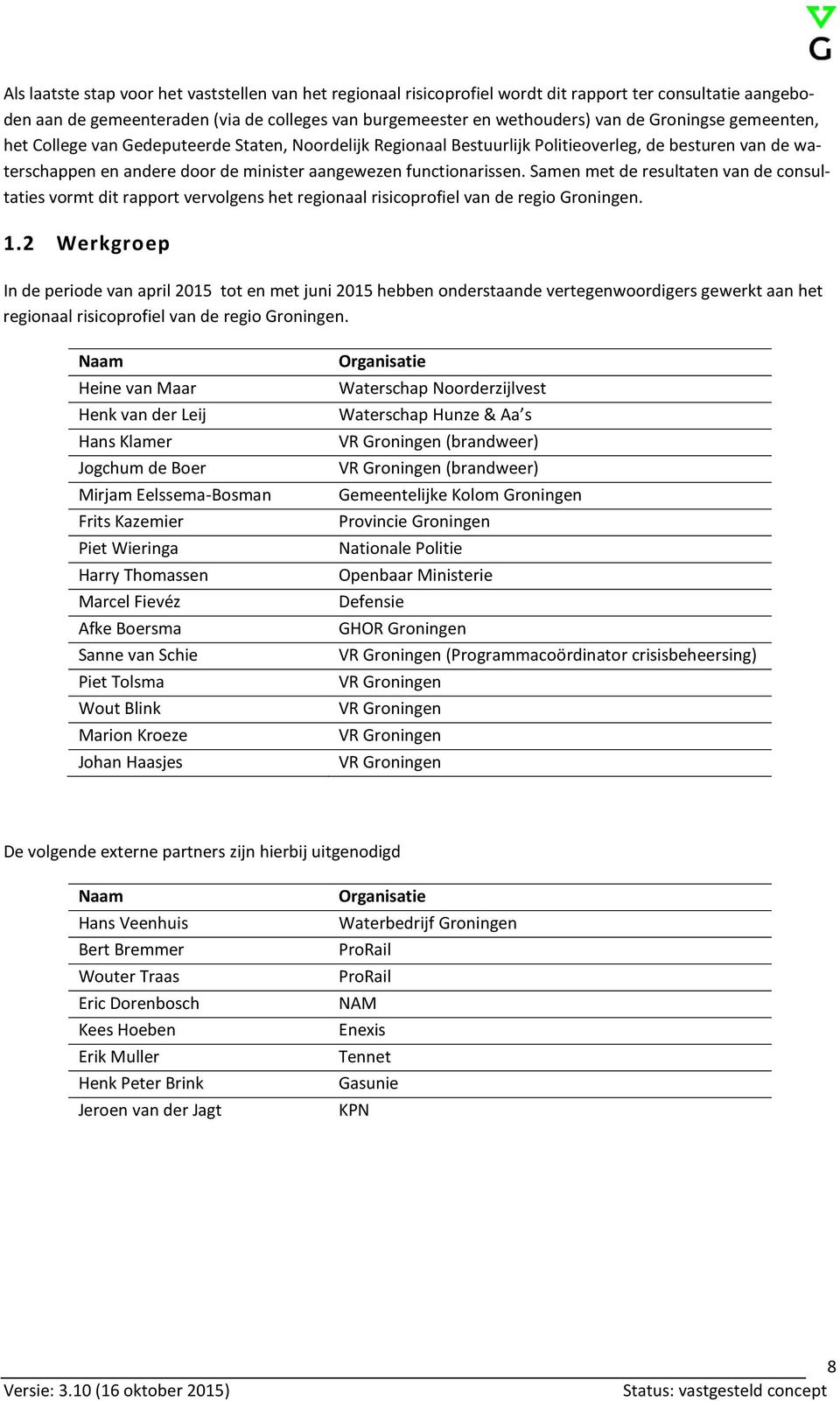 Samen met de resultaten van de consultaties vormt dit rapport vervolgens het regionaal risicoprofiel van de regio Groningen. 1.