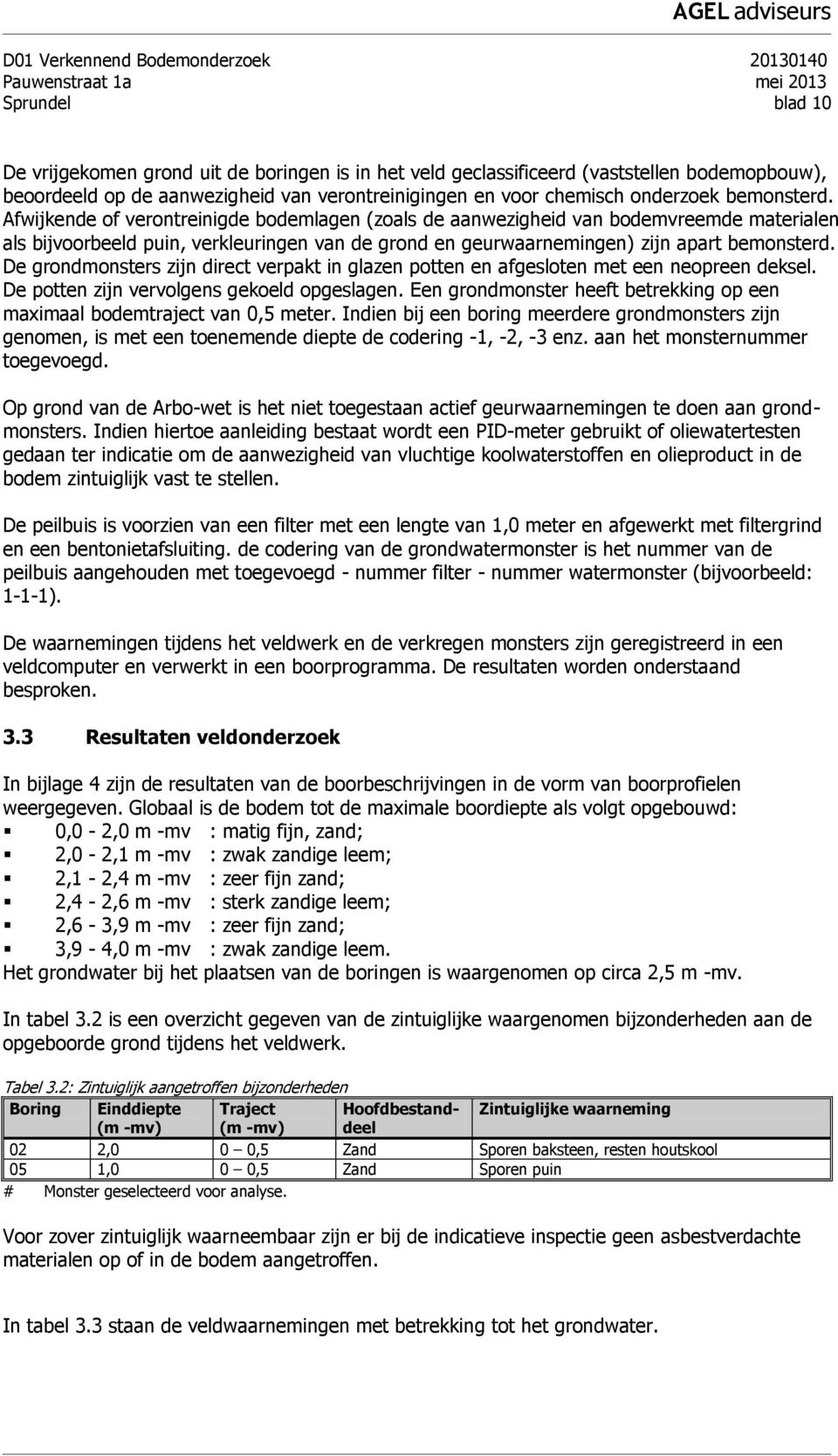 Afwijkende of verontreinigde bodemlagen (zoals de aanwezigheid van bodemvreemde materialen als bijvoorbeeld puin, verkleuringen van de grond en geurwaarnemingen) zijn apart bemonsterd.