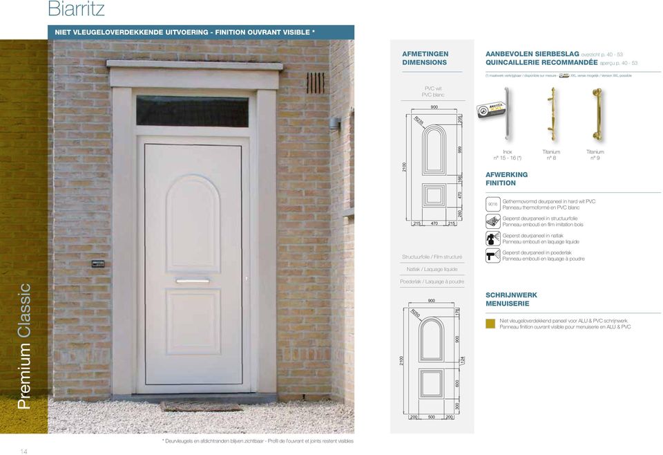 structuré Natlak / Laquage liquide Poederlak / Laquage à poudre 900 R250 900 176 2100 300 600 124 200 500 200 n 15-16 (*) Afwerking finition Gethermovormd deurpaneel in hard wit Panneau thermoformé