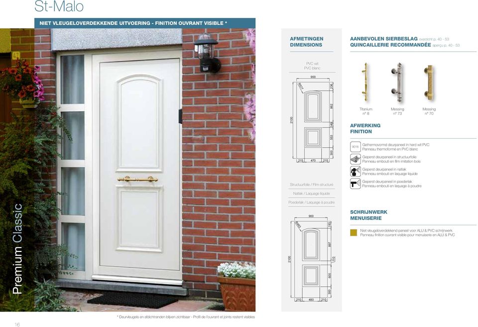 210 480 210 Titanium n 8 Afwerking finition Gethermovormd deurpaneel in hard wit Panneau thermoformé en blanc STRUC. Geperst deurpaneel in structuurfolie Panneau embouti en film imitation bois STRUC.