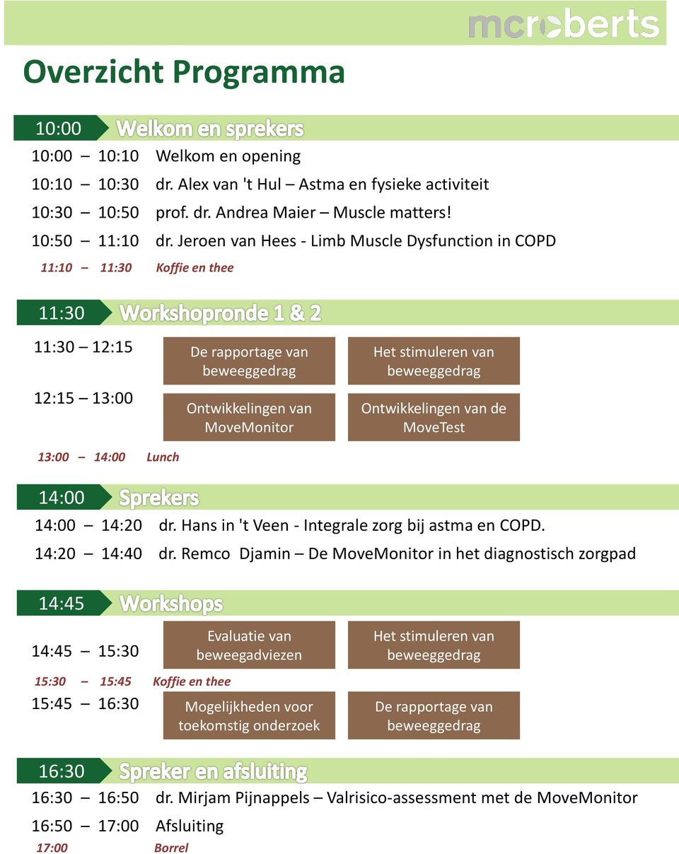 stimuleren van beweeggedrag Ontwikkelingen van de MoveTest 14:00 14:00 14:20 dr. Hans in 't Veen - Integrale zorg bij astma en COPD. 14:20 14:40 dr.