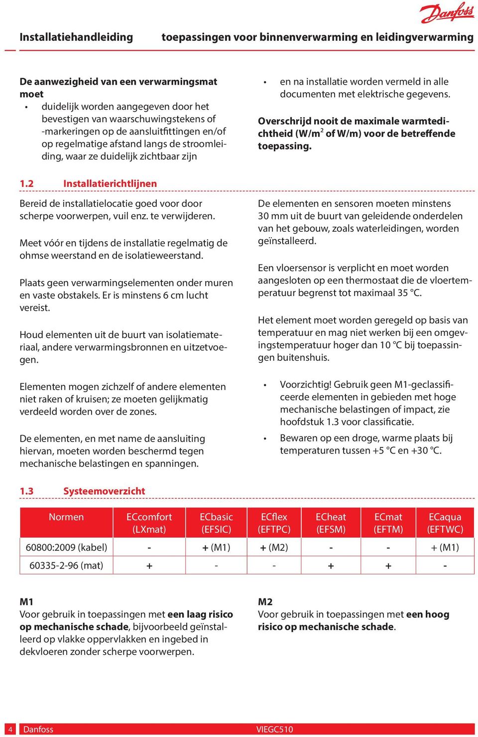 Overschrijd nooit de maximale warmtedichtheid (W/m of W/m) voor de betreffende toepassing.. Installatierichtlijnen Bereid de installatielocatie goed voor door scherpe voorwerpen, vuil enz.