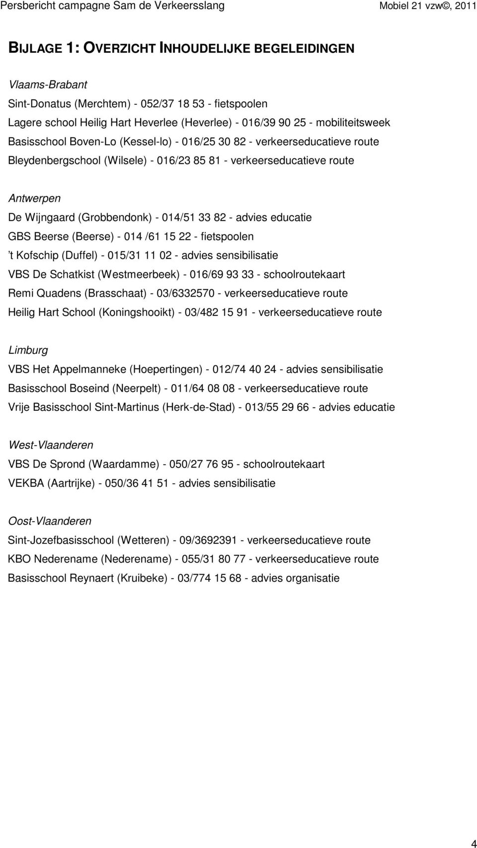 advies educatie GBS Beerse (Beerse) - 014 /61 15 22 - fietspoolen t Kofschip (Duffel) - 015/31 11 02 - advies sensibilisatie VBS De Schatkist (Westmeerbeek) - 016/69 93 33 - schoolroutekaart Remi