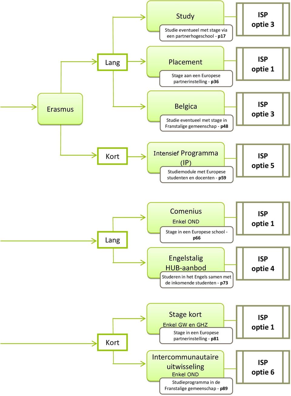 Enkel OND Stage in een Europese school - p66 Engelstalig HUB-aanbod Studeren in het Engels samen met de inkomende studenten - p73 ISP optie 1 ISP optie 4 Kort Stage kort