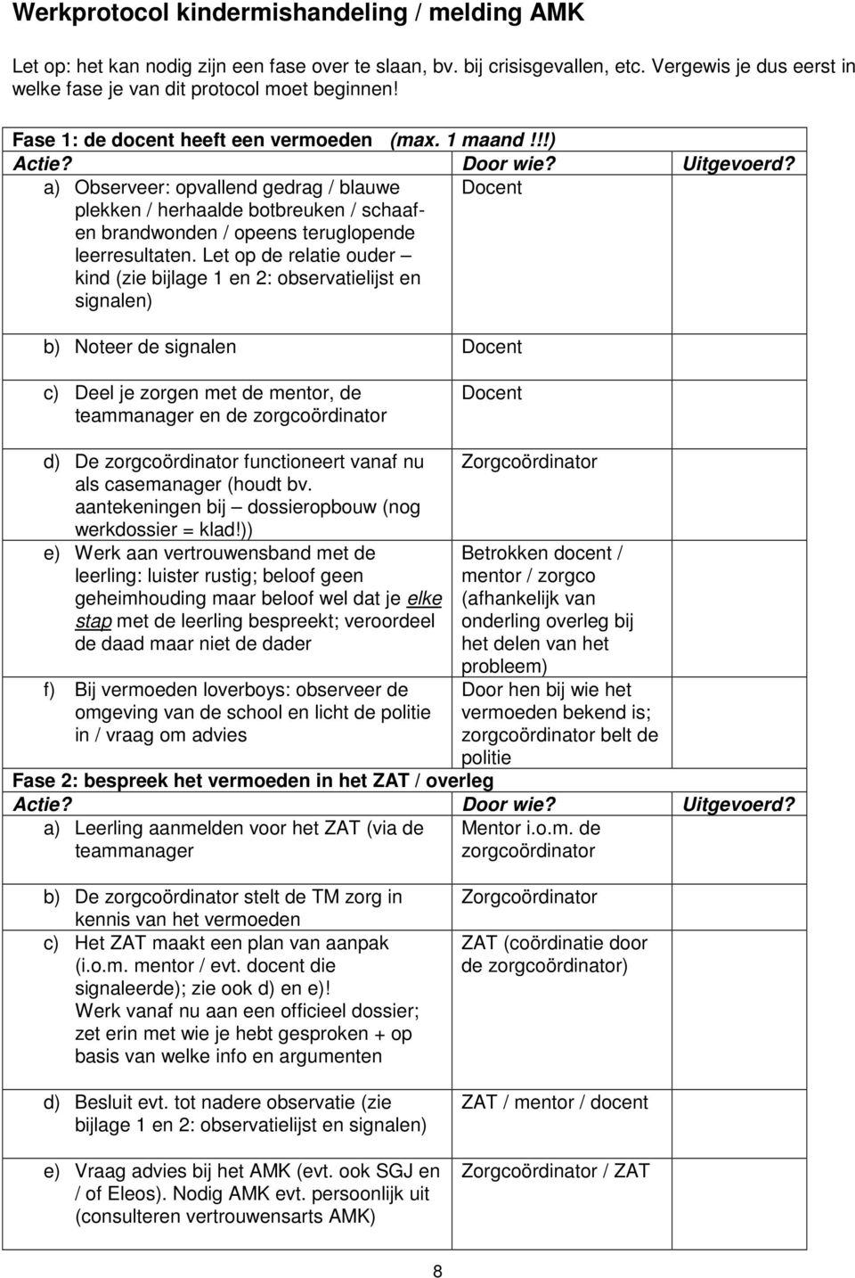 a) Observeer: opvallend gedrag / blauwe plekken / herhaalde botbreuken / schaafen brandwonden / opeens teruglopende leerresultaten.