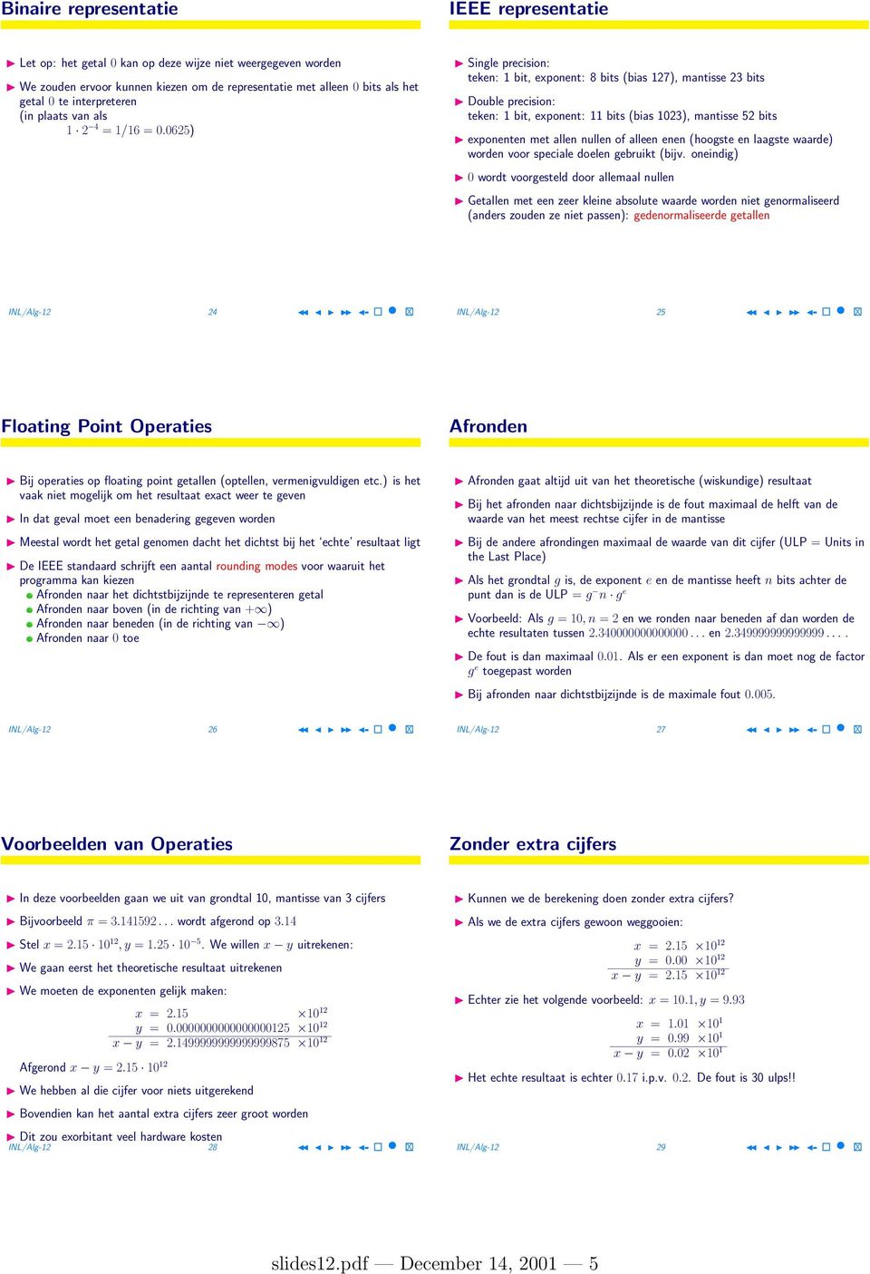 0625) Single precision: teken: 1 bit, exponent: 8 bits (bias 127), mantisse 23 bits Double precision: teken: 1 bit, exponent: 11 bits (bias 1023), mantisse 52 bits exponenten met allen nullen of