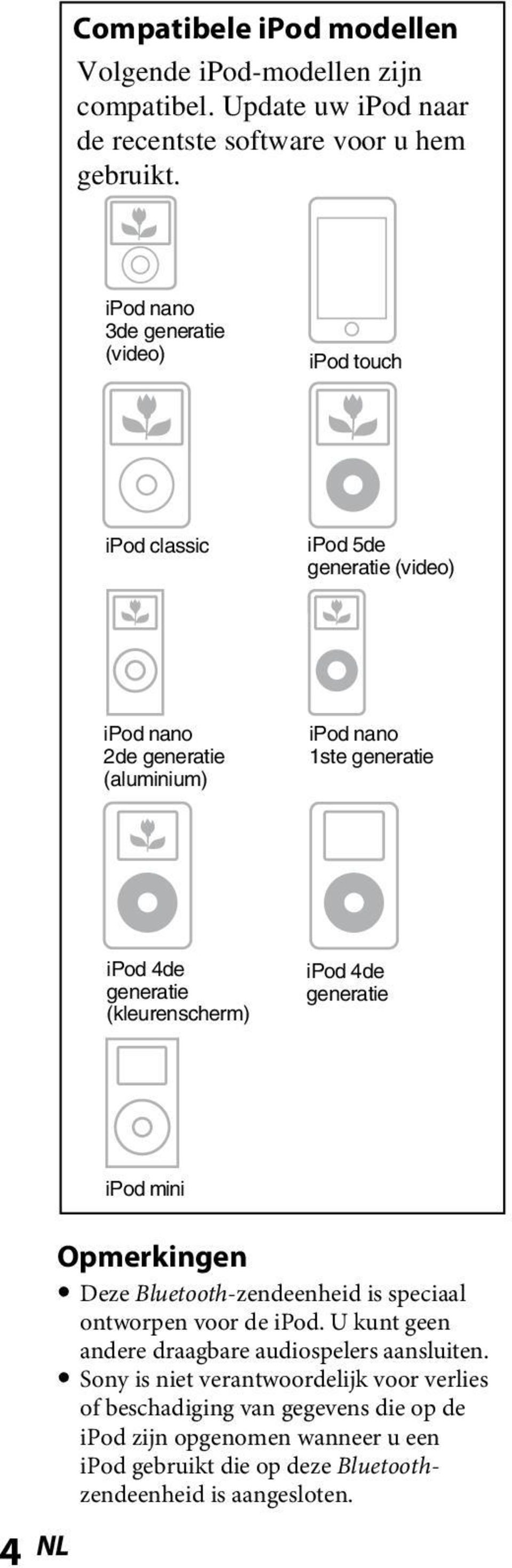 generatie (kleurenscherm) ipod 4de generatie ipod mini NL Opmerkingen Deze Bluetooth-zendeenheid is speciaal ontworpen voor de ipod.