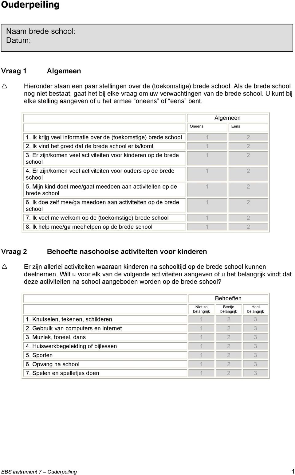 Ik krijg veel informatie over de (toekomstige) brede 1 2 2. Ik vind het goed dat de brede er is/komt 1 2 3. Er zijn/komen veel activiteiten voor kinderen op de brede 1 2 4.