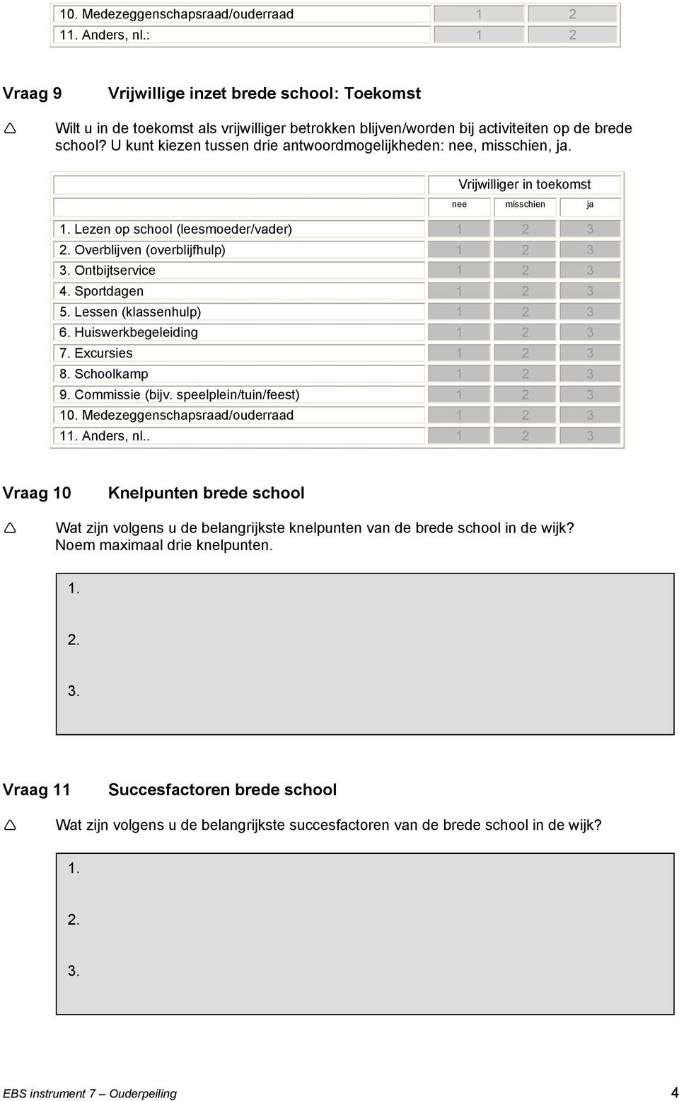 Ontbijtservice 1 2 3 4. Sportdagen 1 2 3 5. Lessen (klassenhulp) 1 2 3 6. Huiswerkbegeleiding 1 2 3 7. Excursies 1 2 3 8. Schoolkamp 1 2 3 9. Commissie (bijv. speelplein/tuin/feest) 1 2 3 10.