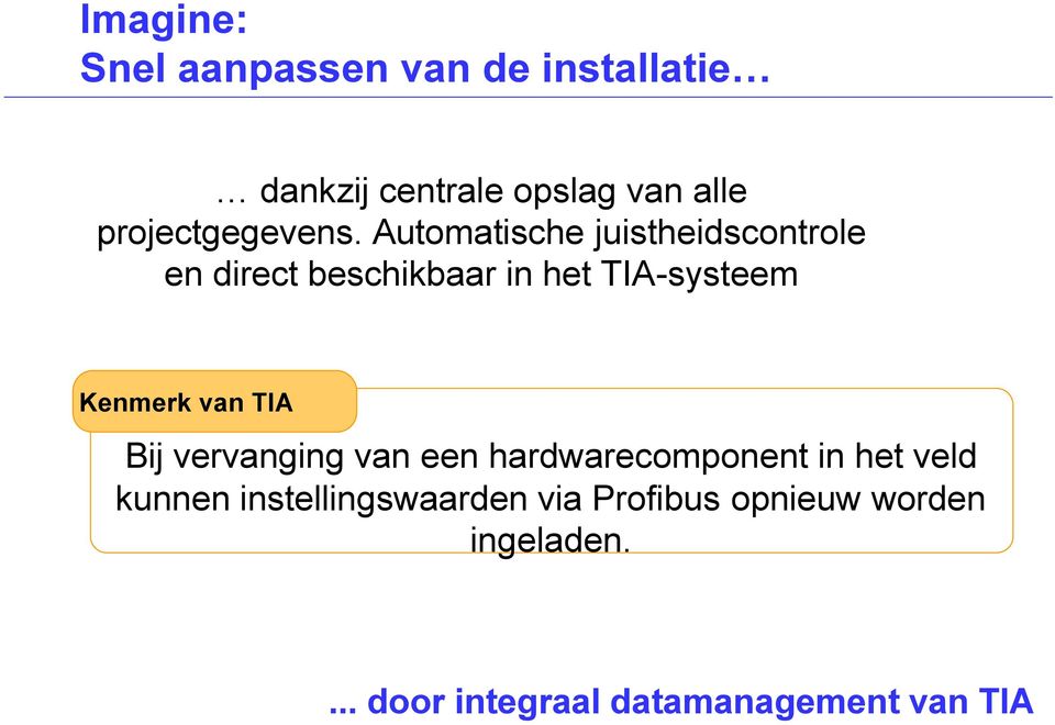 Automatische juistheidscontrole en direct beschikbaar in het TIA-systeem Kenmerk van