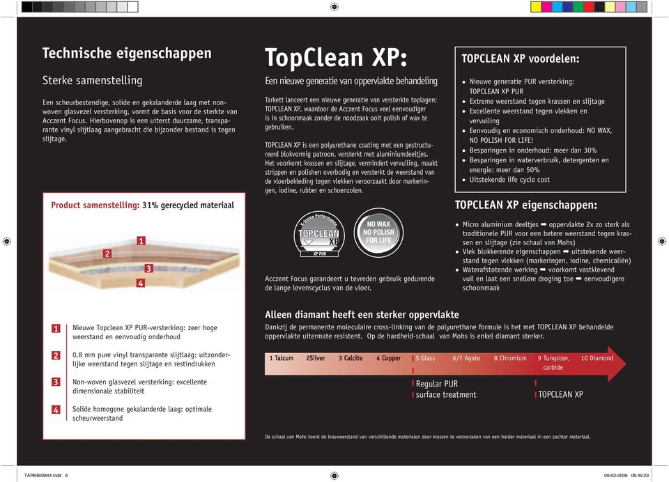 Product samenstelling: 31% gerecycled materiaal TopClean XP: Een nieuwe generatie van oppervlakte behandeling Tarkett lanceert een nieuwe generatie van versterkte toplagen; TOPCLEAN XP, waardoor de