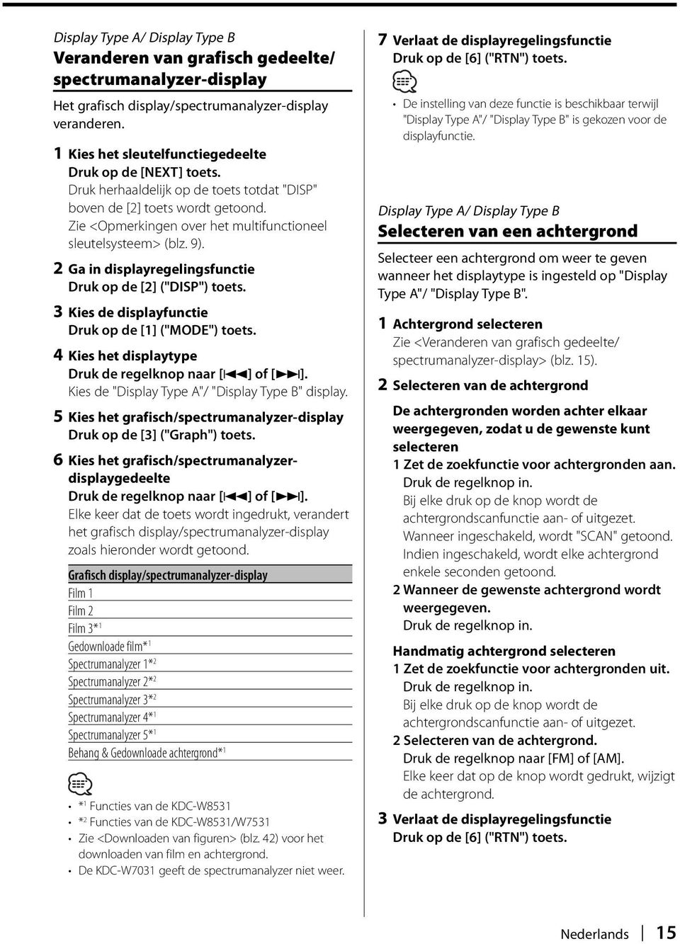 2 Ga in displayregelingsfunctie Druk op de [2] ("DISP") toets. 3 Kies de displayfunctie Druk op de [1] ("MODE") toets. 4 Kies het displaytype Kies de " Type A"/ " Type B" display.