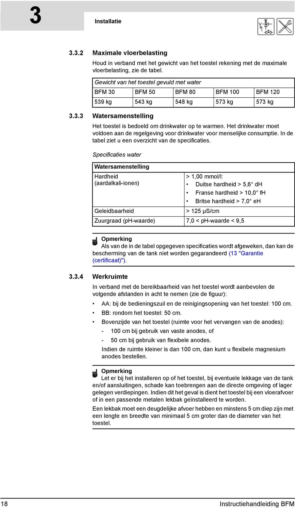 Het drinkwater moet voldoen aan de regelgeving voor drinkwater voor menselijke consumptie. In de tabel ziet u een overzicht van de specificaties.