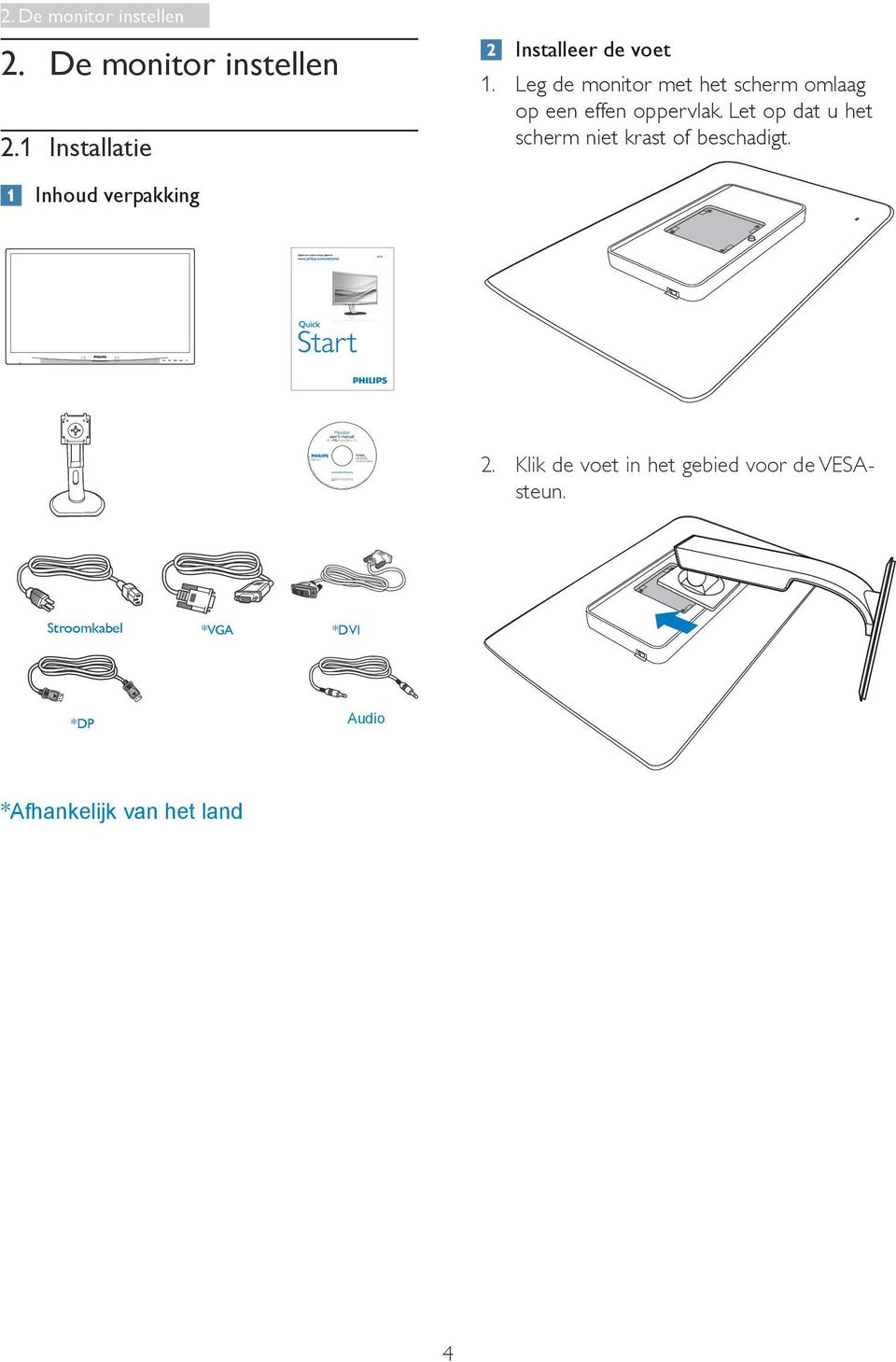 Leg de monitor met het scherm omlaag op een effen oppervlak. Let op dat u het scherm niet krast of beschadigt. Inhoud verpakking 2014 Koninklijke Philips N.V.