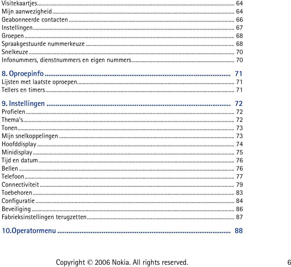 Instellingen... 72 Profielen... 72 Thema's... 72 Tonen... 73 Mijn snelkoppelingen... 73 Hoofddisplay... 74 Minidisplay... 75 Tijd en datum... 76 Bellen.