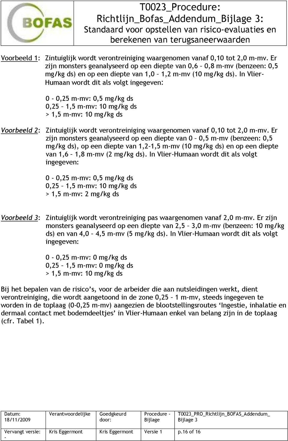 In Vlier Humaan wordt dit als volgt ingegeven: 0 0,25 mmv: 0,5 mg/kg ds 0,25 1,5 mmv: 10 mg/kg ds > 1,5 mmv: 10 mg/kg ds Voorbeeld 2: Zintuiglijk wordt verontreiniging waargenomen vanaf 0,10 tot 2,0