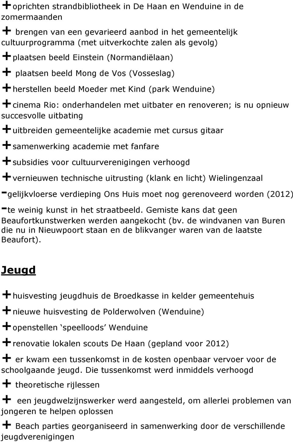 uitbating +uitbreiden gemeentelijke academie met cursus gitaar +samenwerking academie met fanfare +subsidies voor cultuurverenigingen verhoogd +vernieuwen technische uitrusting (klank en licht)