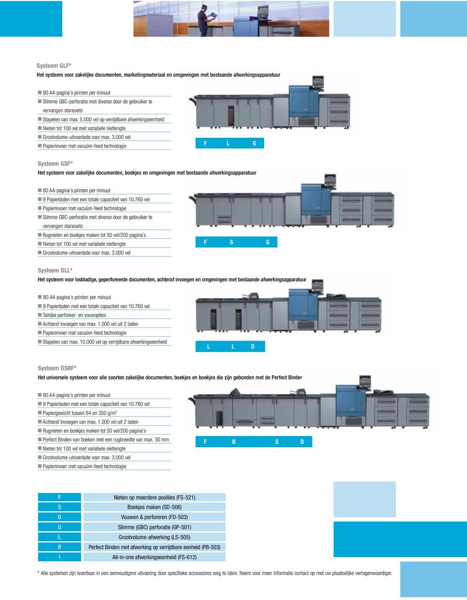 000 vel F L G Systeem GSF* Het systeem voor zakelijke documenten, boekjes en omgevingen met bestaande afwerkingsapparatuur n 9 Papierladen met een totale capaciteit van 10.