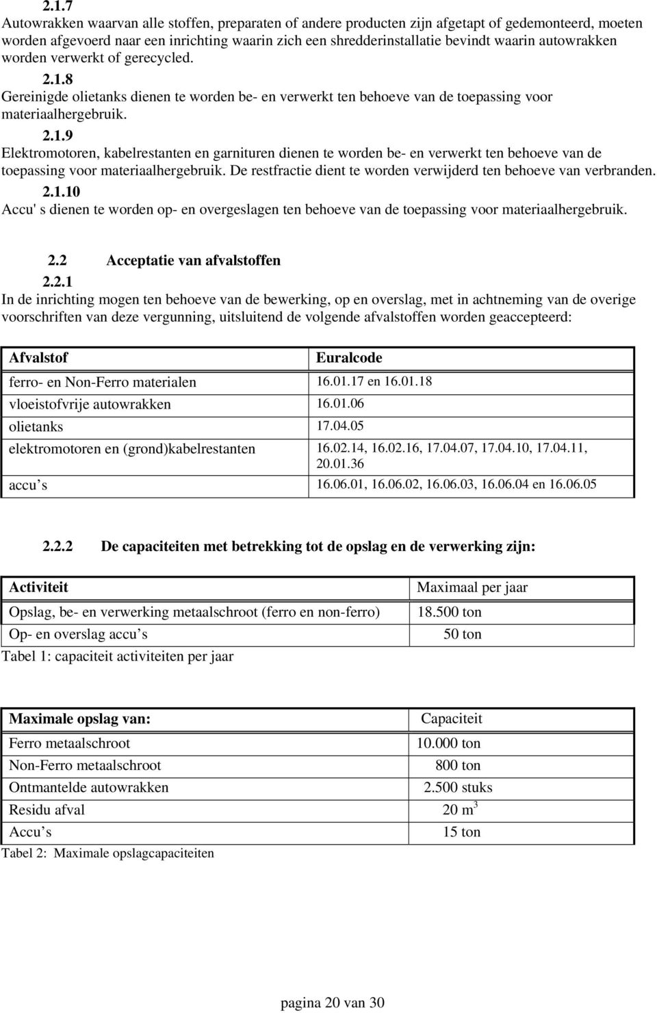 De restfractie dient te worden verwijderd ten behoeve van verbranden. 2.1.10 Accu' s dienen te worden op- en overgeslagen ten behoeve van de toepassing voor materiaalhergebruik. 2.2 Acceptatie van afvalstoffen 2.