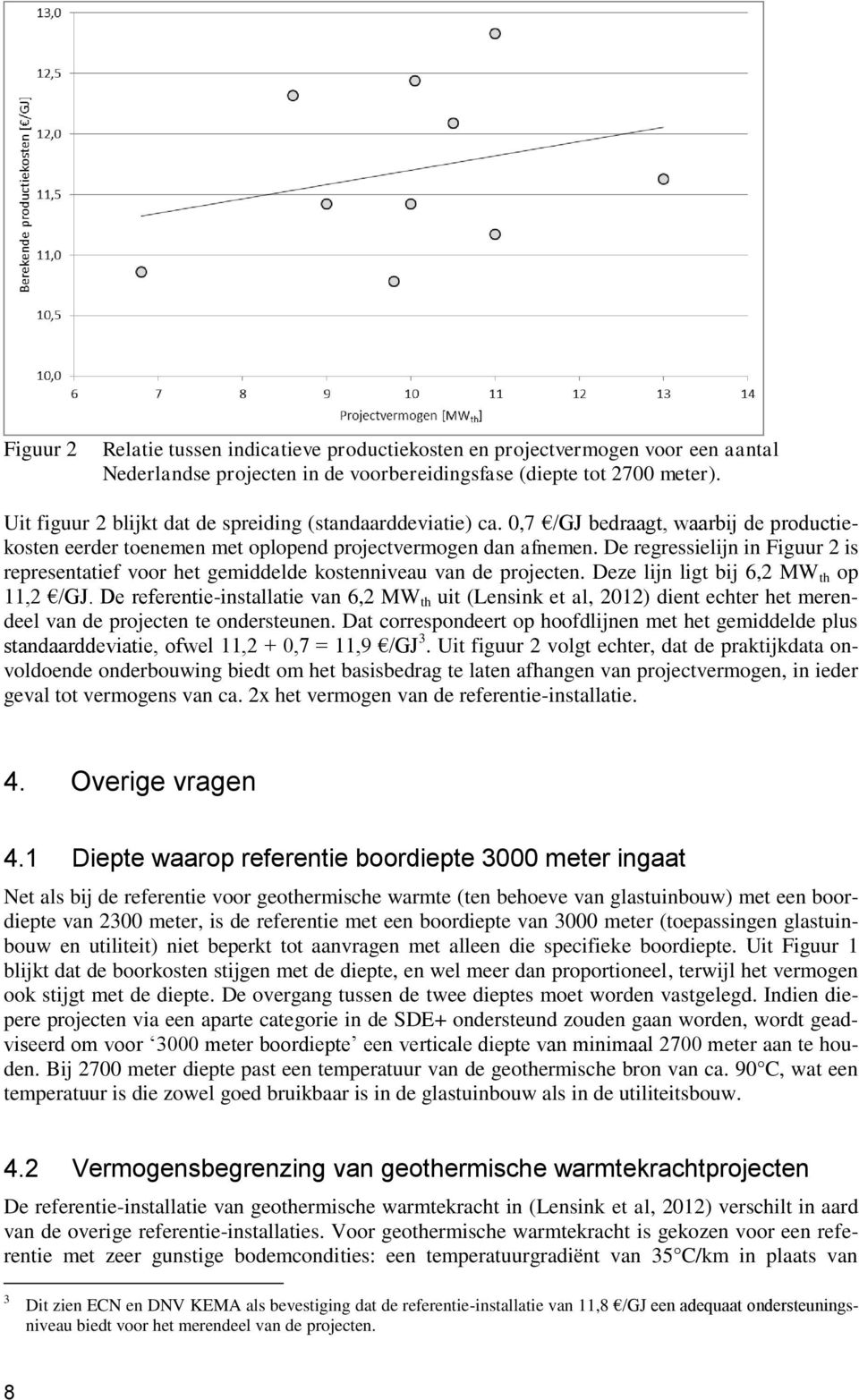 De regressielijn in Figuur 2 is representatief voor het gemiddelde kostenniveau van de projecten. Deze lijn ligt bij 6,2 MW th op 11,2 /GJ.