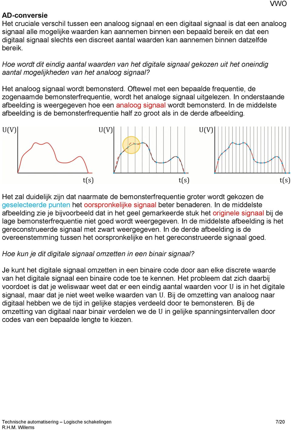 Hoe wordt dit eindig aantal waarden van het digitale signaal gekozen uit het oneindig aantal mogelijkheden van het analoog signaal? Het analoog signaal wordt bemonsterd.