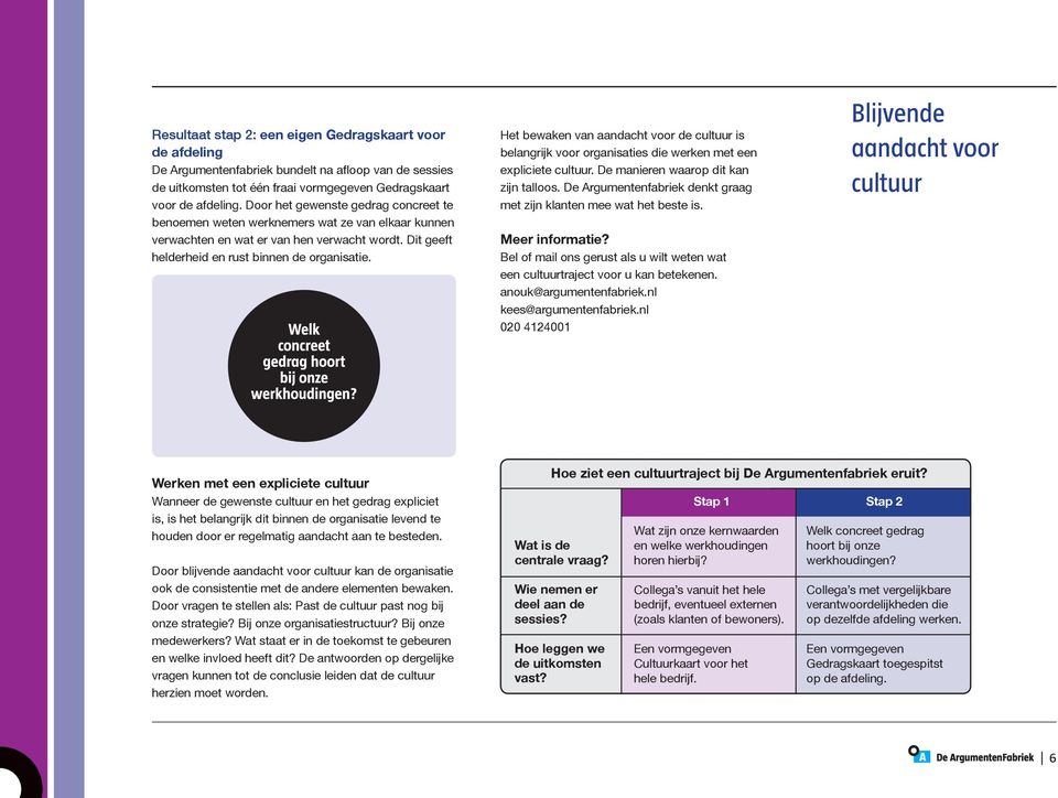 Welk concreet gedrag hoort bij onze werkhoudingen? Het bewaken van aandacht voor de cultuur is belangrijk voor organisaties die werken met een expliciete cultuur.