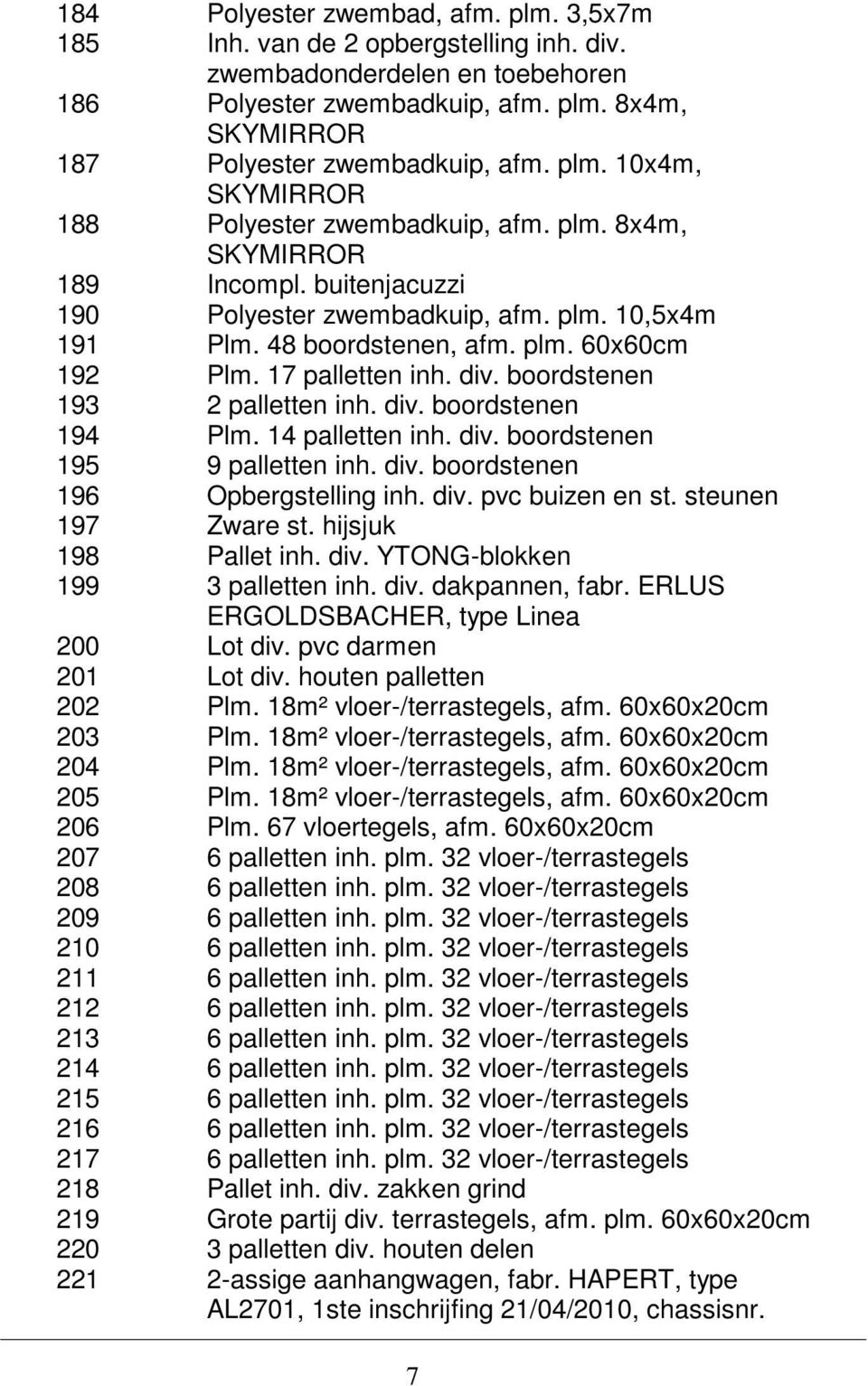 17 palletten inh. div. boordstenen 193 2 palletten inh. div. boordstenen 194 Plm. 14 palletten inh. div. boordstenen 195 9 palletten inh. div. boordstenen 196 Opbergstelling inh. div. pvc buizen en st.