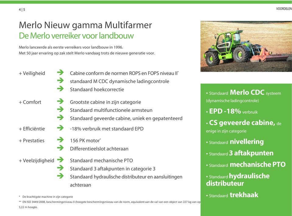 + Veiligheid è Cabine conform de normen ROPS en FOPS niveau II * è è standaard M CDC dynamische ladingcontrole Standaard hoekcorrectie + Comfort è Grootste cabine in zijn categorie è è Standaard