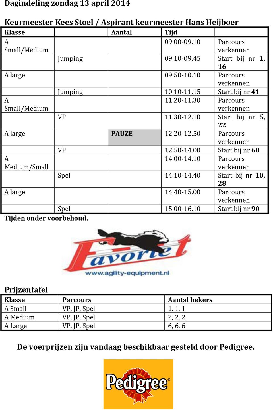 50 Parcours VP 12.50-14.00 Start bij nr 68 A Medium/Small 14.00-14.10 Parcours Spel 14.10-14.40 Start bij nr 10, 28 A large 14.40-15.00 Parcours Spel 15.00-16.