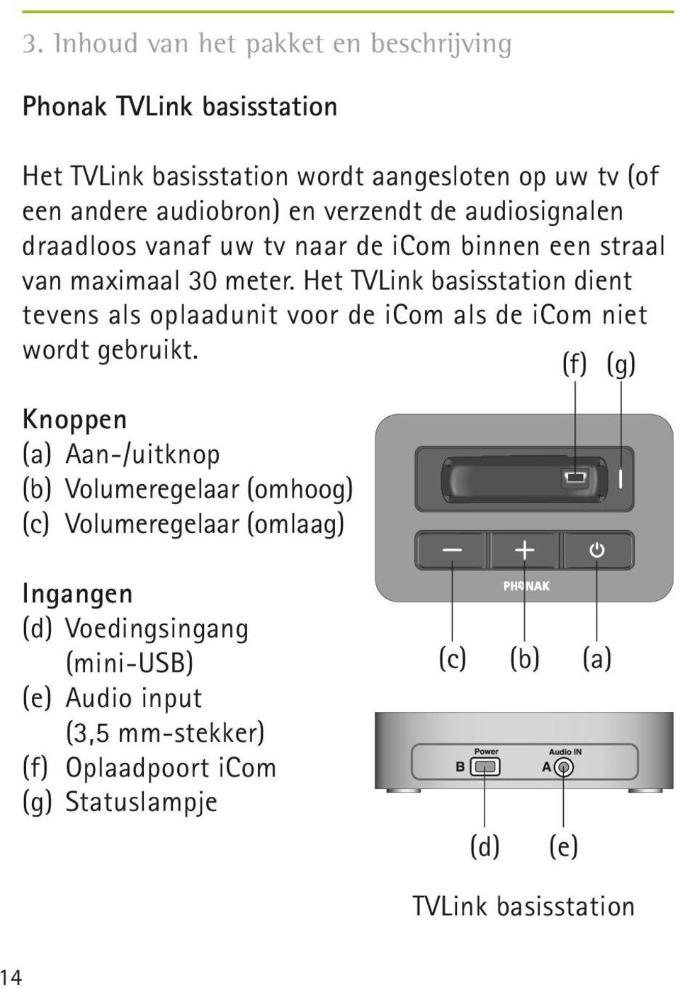 Het TVLink basisstation dient tevens als oplaadunit voor de icom als de icom niet wordt gebruikt.