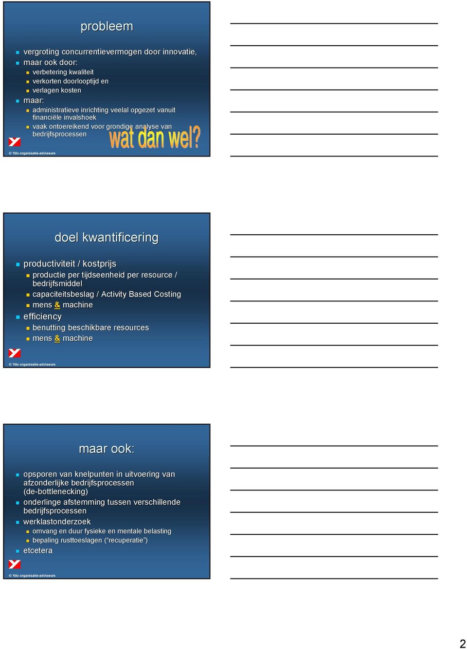 capaciteitsbeslag / Activity Based Costing mens & machine efficiency benutting beschikbare resources mens & machine maar ook: opsporen van knelpunten in uitvoering van afzonderlijke