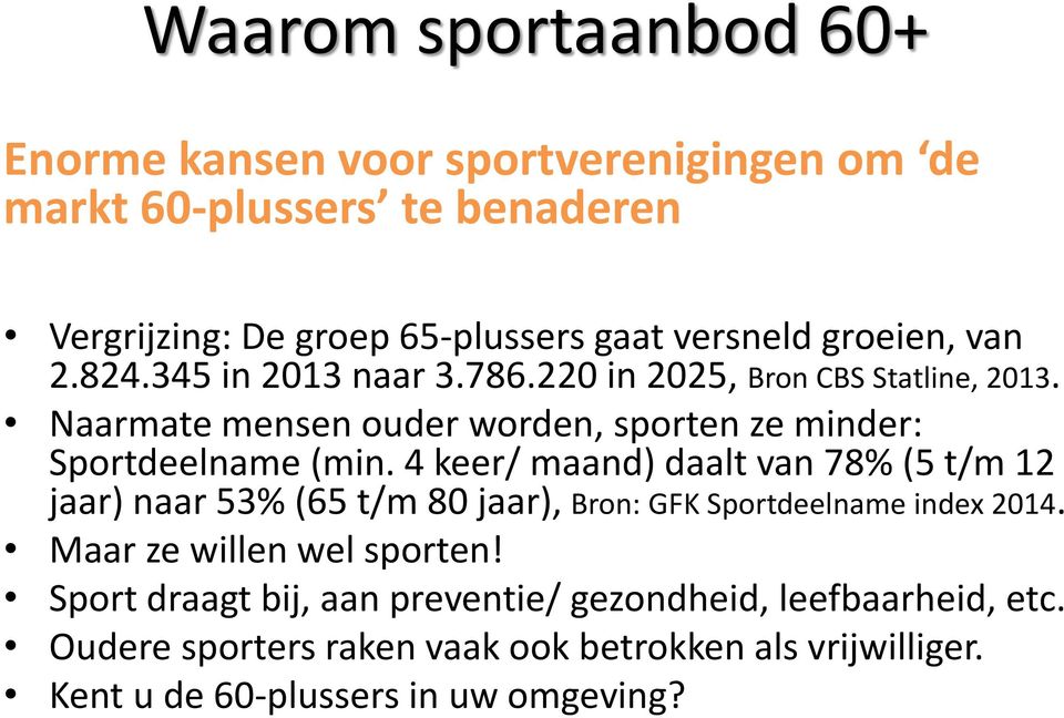 4 keer/ maand) daalt van 78% (5 t/m 12 jaar) naar 53% (65 t/m 80 jaar), Bron: GFK Sportdeelname index 2014. Maar ze willen wel sporten!