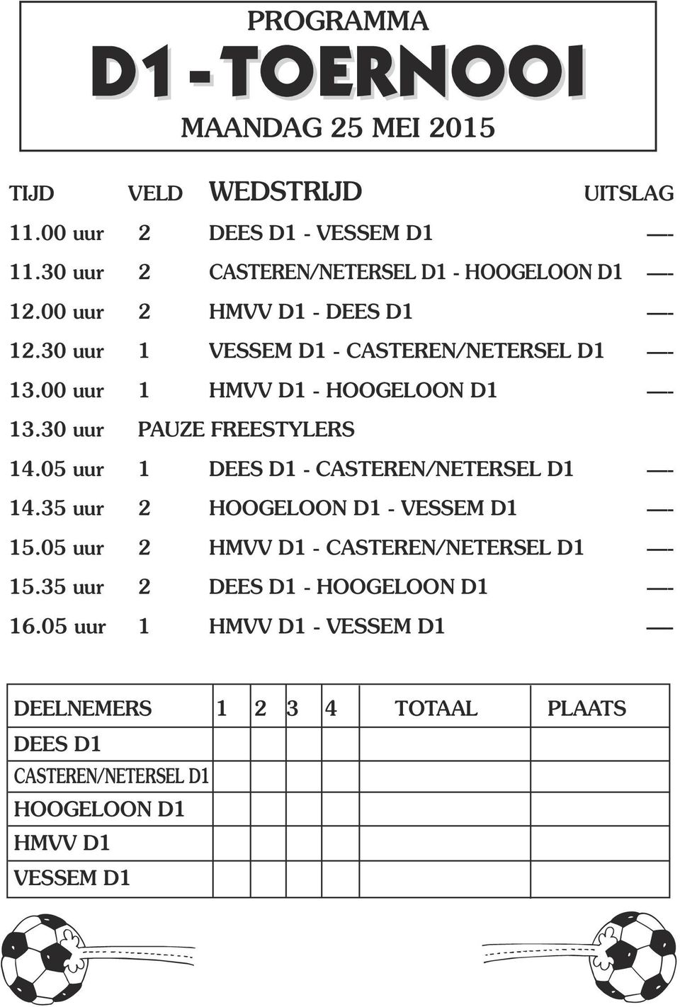 30 uur PAUZE FREESTYLERS 14.05 uur 1 DEES D1 - CASTEREN/NETERSEL D1-14.35 uur 2 HOOGELOON D1 - VESSEM D1-15.